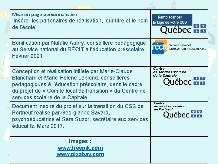 Mise en page personnalisée : [insérer les partenaires de réalisation, leur titre et le