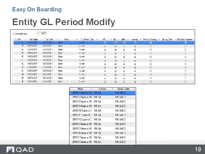 Easy On Boarding Entity GL Period Modify 19 