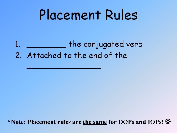 Placement Rules 1. ____ the conjugated verb 2. Attached to the end of the