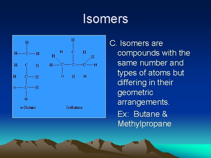 Isomers C. Isomers are compounds with the same number and types of atoms but