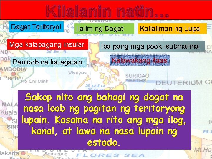 Kilalanin natin… Dagat Teritoryal Ilalim ng Dagat Mga kalapagang insular Panloob na karagatan Kailaliman