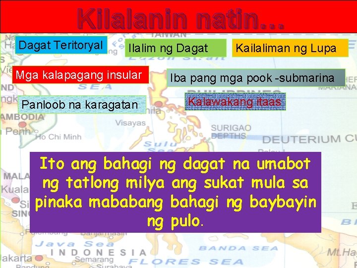 Kilalanin natin… Dagat Teritoryal Ilalim ng Dagat Mga kalapagang insular Panloob na karagatan Kailaliman