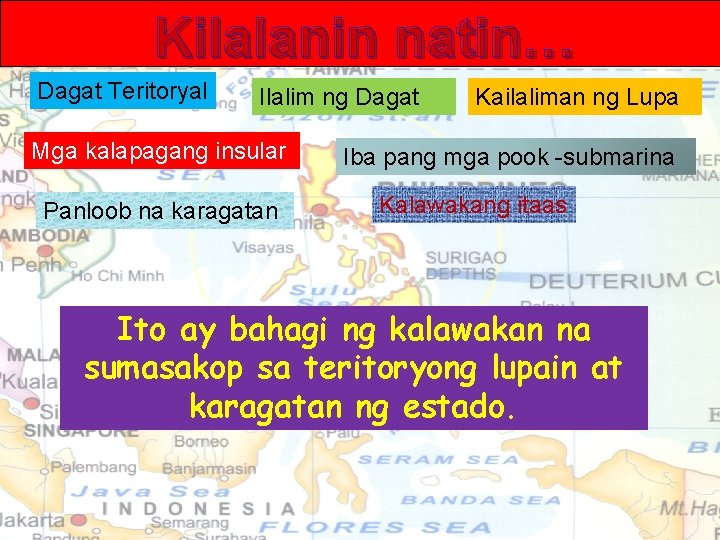 Kilalanin natin… Dagat Teritoryal Ilalim ng Dagat Mga kalapagang insular Panloob na karagatan Kailaliman