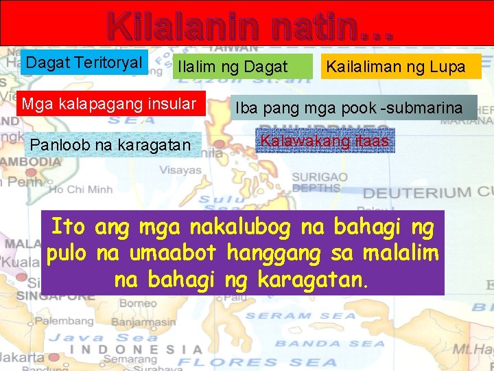 Kilalanin natin… Dagat Teritoryal Ilalim ng Dagat Mga kalapagang insular Panloob na karagatan Kailaliman