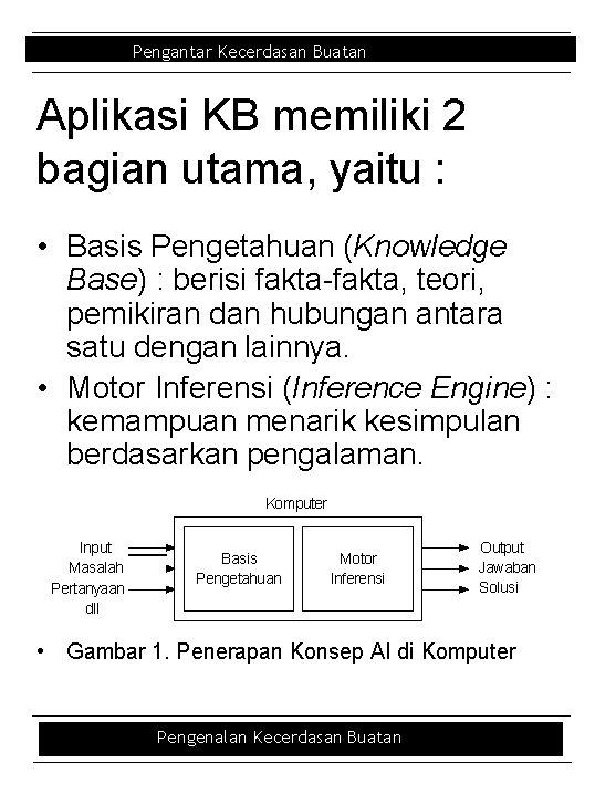 Pengantar Kecerdasan Buatan Aplikasi KB memiliki 2 bagian utama, yaitu : • Basis Pengetahuan