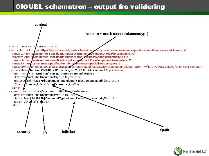 OIOUBL schematron – output fra validering context version + rodelement (dokumenttype) severity ID fejltekst