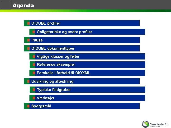 Agenda OIOUBL profiler Obligatoriske og andre profiler Pause OIOUBL dokumenttyper Vigtige klasser og felter