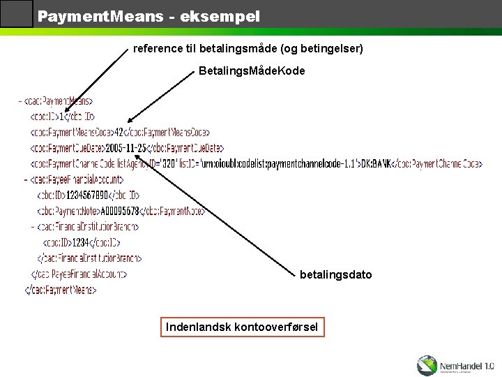 Payment. Means - eksempel reference til betalingsmåde (og betingelser) Betalings. Måde. Kode betalingsdato Indenlandsk