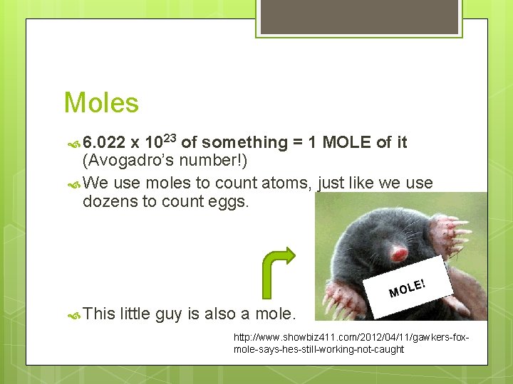 Moles 6. 022 x 1023 of something = 1 MOLE of it (Avogadro’s number!)