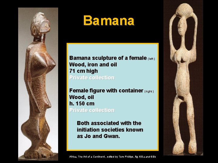 Bamana sculpture of a female (left) Wood, iron and oil 71 cm high Private