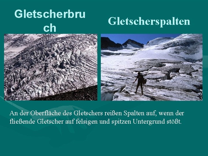Gletscherbru ch Gletscherspalten An der Oberfläche des Gletschers reißen Spalten auf, wenn der fließende