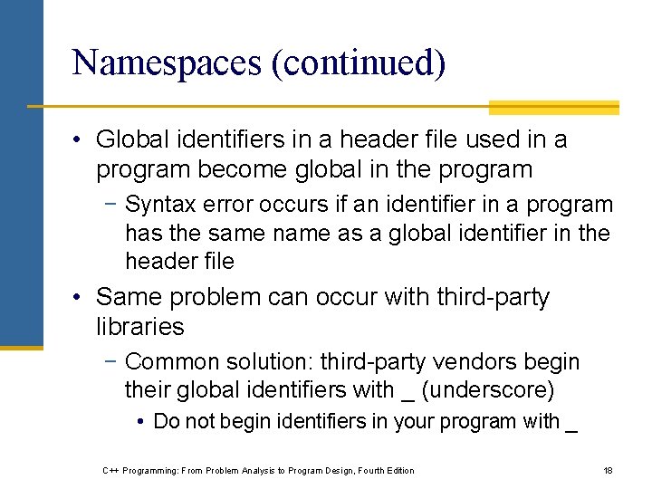 Namespaces (continued) • Global identifiers in a header file used in a program become