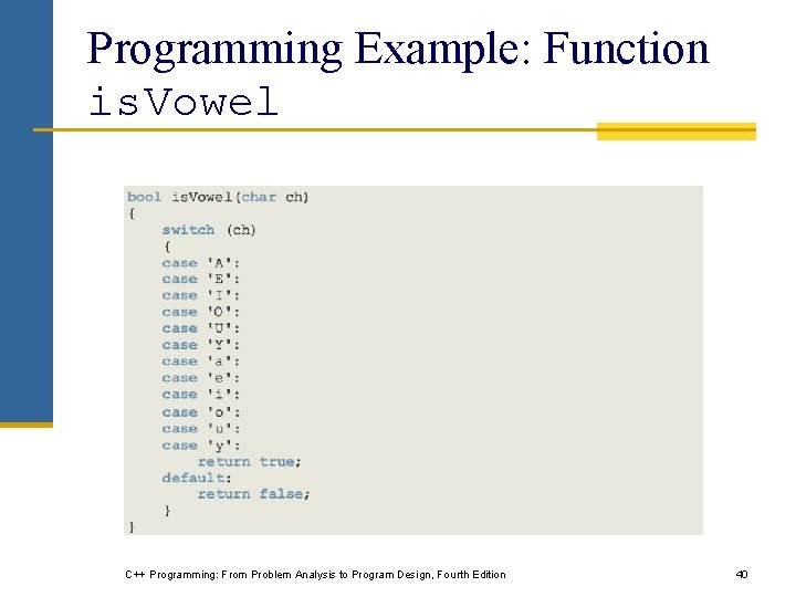 Programming Example: Function is. Vowel C++ Programming: From Problem Analysis to Program Design, Fourth