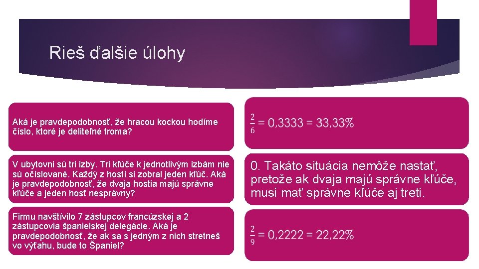 Rieš ďalšie úlohy Aká je pravdepodobnosť, že hracou kockou hodíme číslo, ktoré je deliteľné