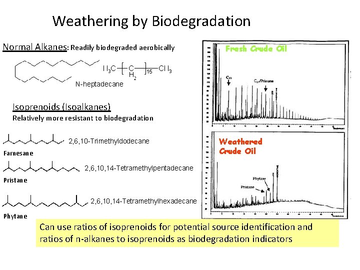 Weathering by Biodegradation Normal Alkanes: Readily biodegraded aerobically Fresh Crude Oil N-heptadecane Isoprenoids (Isoalkanes)