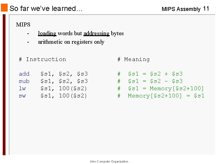 So far we’ve learned… MIPS - MIPS Assembly 11 loading words but addressing bytes
