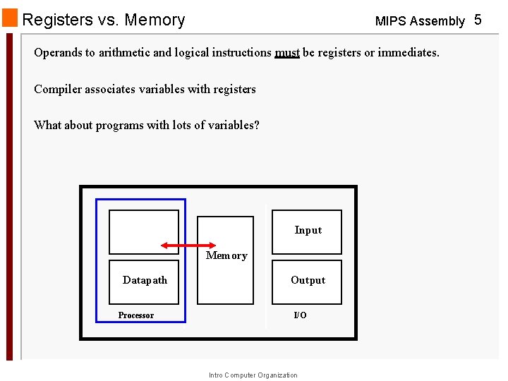 Registers vs. Memory MIPS Assembly 5 Operands to arithmetic and logical instructions must be