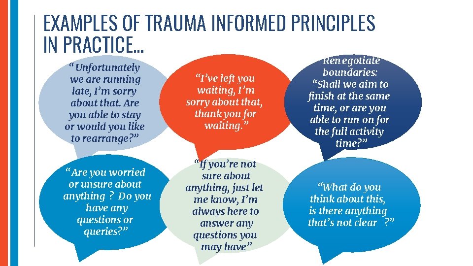 EXAMPLES OF TRAUMA INFORMED PRINCIPLES IN PRACTICE… “Unfortunately we are running late, I’m sorry