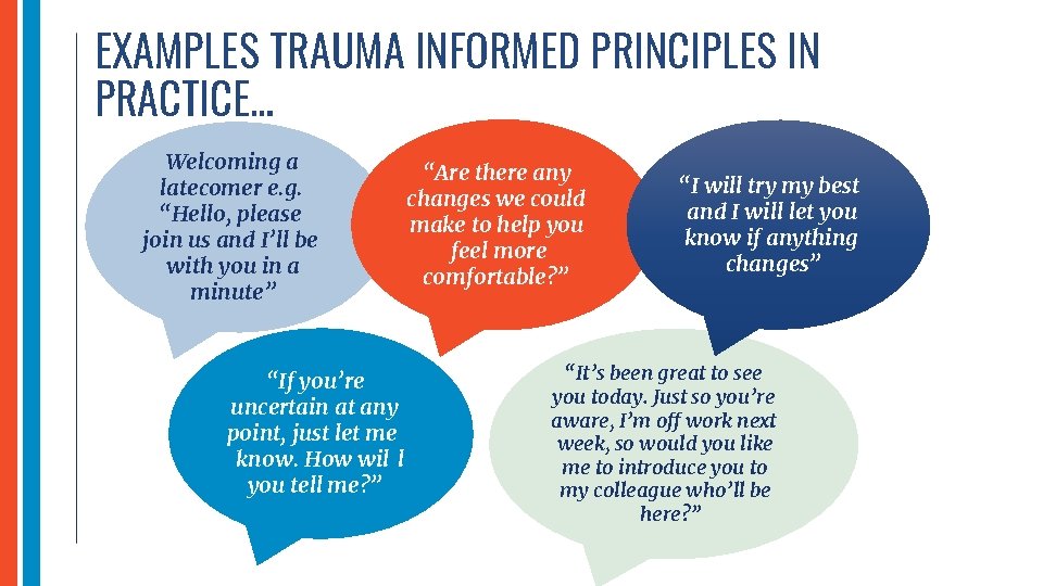 EXAMPLES TRAUMA INFORMED PRINCIPLES IN PRACTICE… Welcoming a latecomer e. g. “Hello, please join
