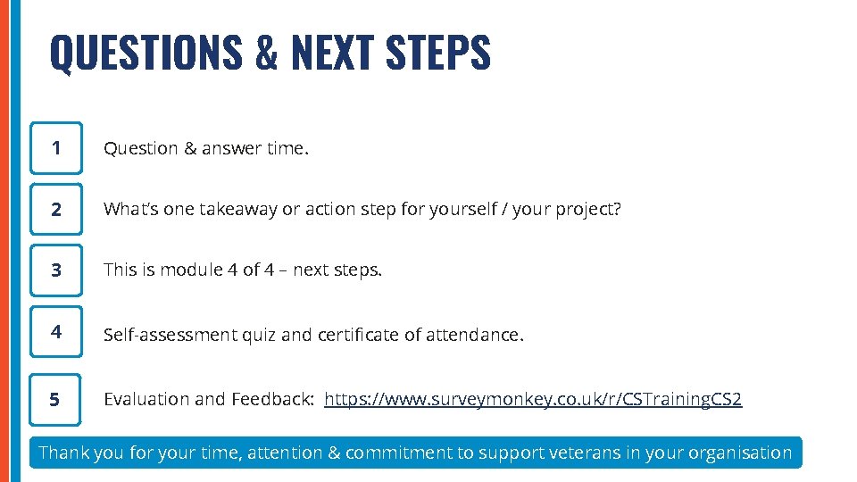 QUESTIONS & NEXT STEPS 1 Question & answer time. 2 What’s one takeaway or