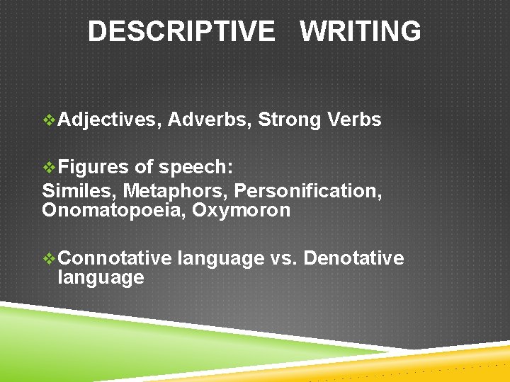 DESCRIPTIVE WRITING v. Adjectives, Adverbs, Strong Verbs v. Figures of speech: Similes, Metaphors, Personification,