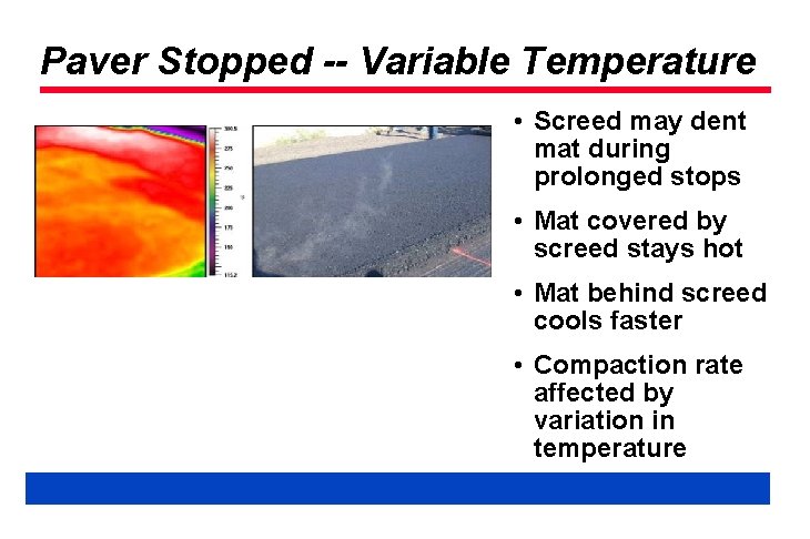 Paver Stopped -- Variable Temperature • Screed may dent mat during prolonged stops •