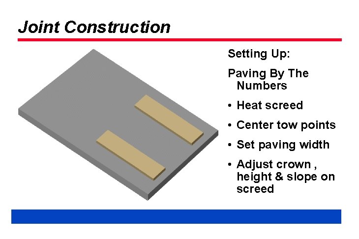 Joint Construction Setting Up: Paving By The Numbers • Heat screed • Center tow