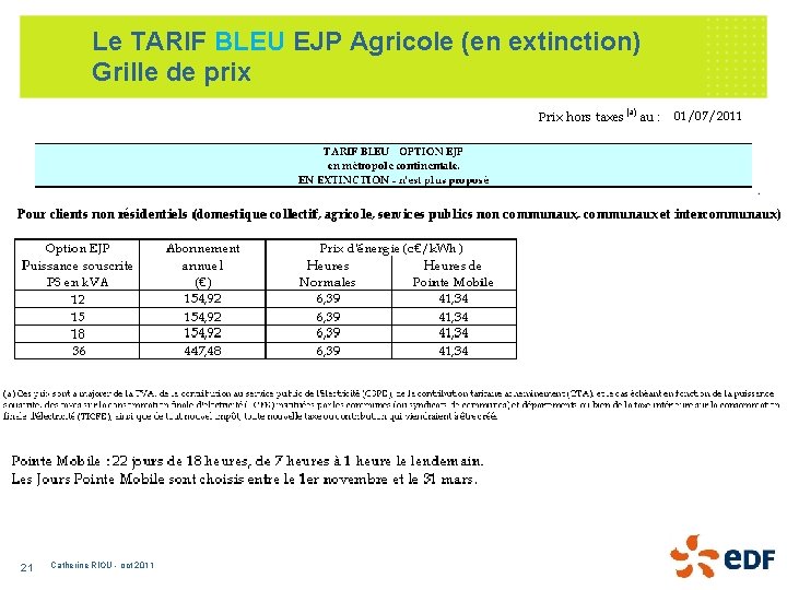 Le TARIF BLEU EJP Agricole (en extinction) Grille de prix 21 Catherine RIOU -