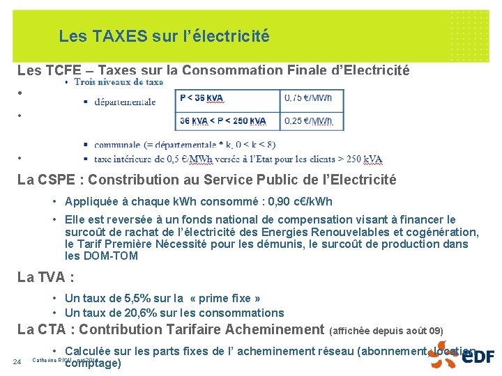 Les TAXES sur l’électricité Les TCFE – Taxes sur la Consommation Finale d’Electricité •