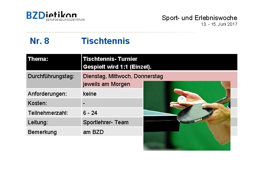 Sport- und Erlebniswoche 13. - 15. Juni 2017 Nr. 8 Tischtennis Thema: Tischtennis- Turnier