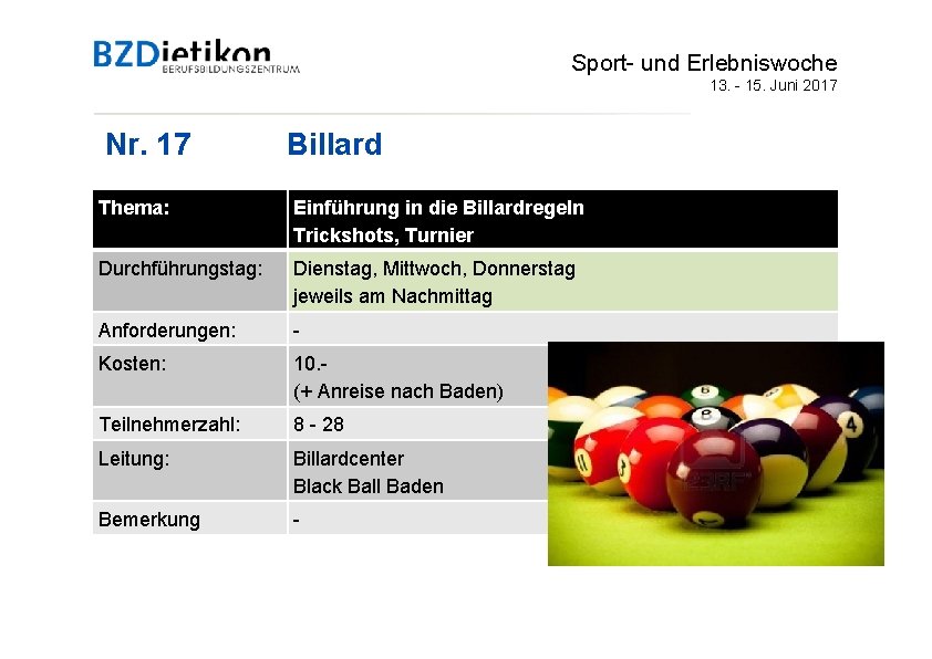 Sport- und Erlebniswoche 13. - 15. Juni 2017 Nr. 17 Billard Thema: Einführung in