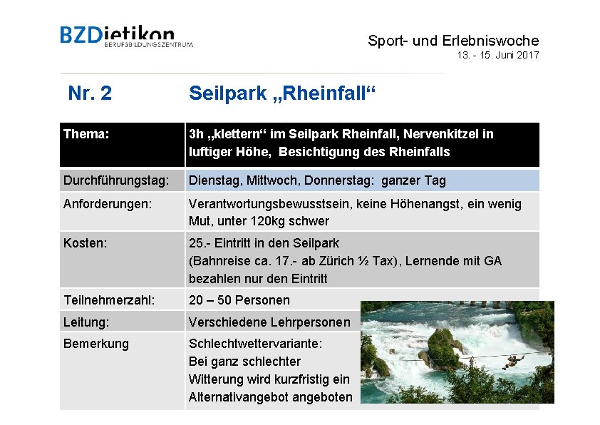 Sport- und Erlebniswoche 13. - 15. Juni 2017 Nr. 2 Seilpark „Rheinfall“ Thema: 3