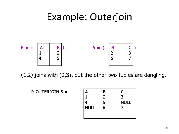 Example: Outerjoin R= ( A 1 4 B ) 2 5 S= ( B Example: Outerjoin R= ( A 1 4 B ) 2 5 S= ( B