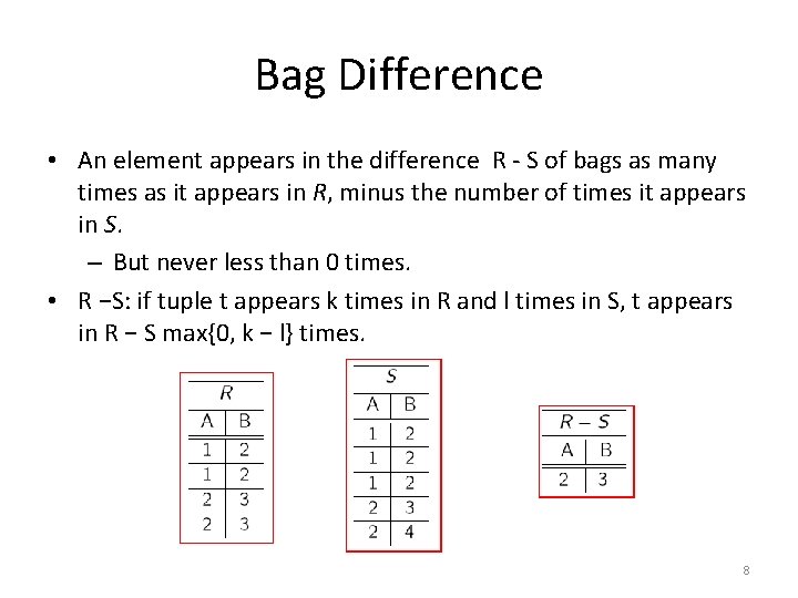 Bag Difference • An element appears in the difference R - S of bags Bag Difference • An element appears in the difference R - S of bags