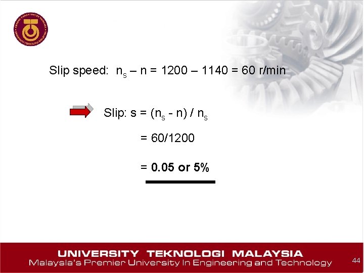 Slip speed: ns – n = 1200 – 1140 = 60 r/min Slip: s