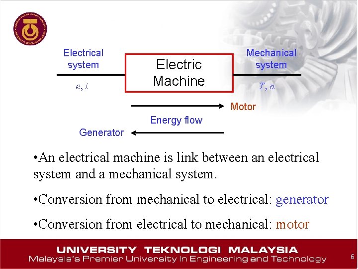 Electrical system e, i Electric Machine Mechanical system T, n Motor Energy flow Generator