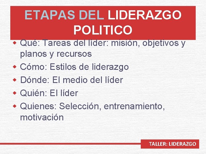 ETAPAS DEL LIDERAZGO POLITICO w Qué: Tareas del líder: misión, objetivos y w w