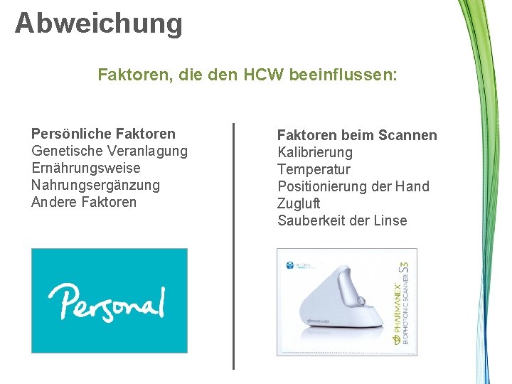 Abweichung Faktoren, die den HCW beeinflussen: Persönliche Faktoren Genetische Veranlagung Ernährungsweise Nahrungsergänzung Andere Faktoren