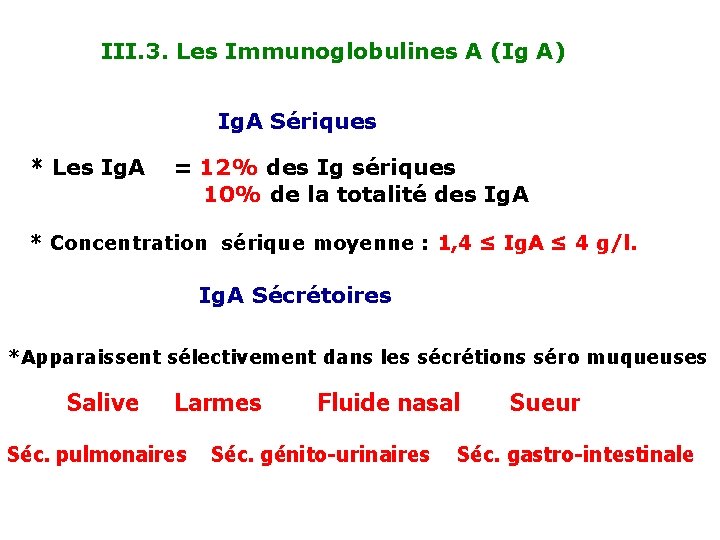 III. 3. Les Immunoglobulines A (Ig A) Ig. A Sériques * Les Ig. A