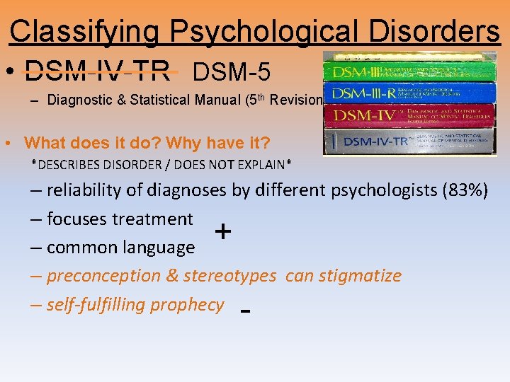 Classifying Psychological Disorders • DSM-IV-TR DSM-5 – Diagnostic & Statistical Manual (5 th Revision)