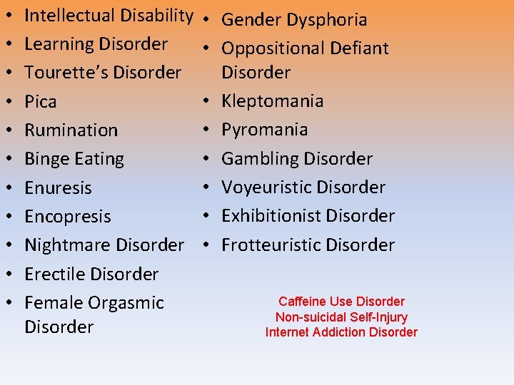  • • • Intellectual Disability Learning Disorder Tourette’s Disorder Pica Rumination Binge Eating
