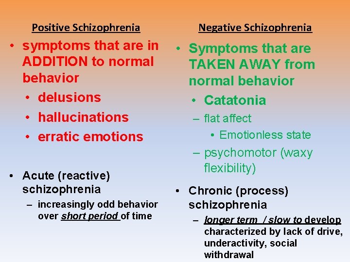 Positive Schizophrenia • symptoms that are in ADDITION to normal behavior • delusions •