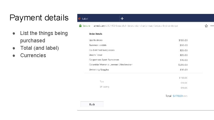 Payment details ● List the things being purchased ● Total (and label) ● Currencies