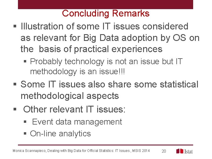 Concluding Remarks § Illustration of some IT issues considered as relevant for Big Data