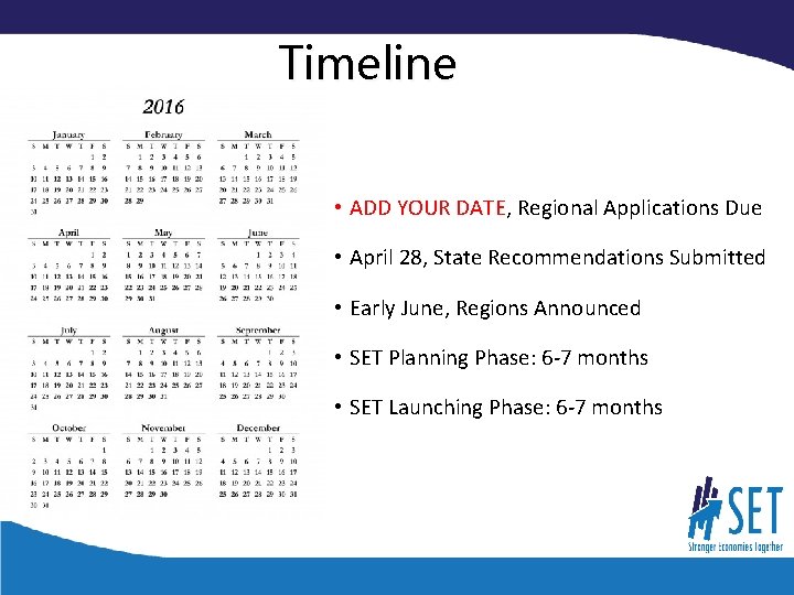 Timeline • ADD YOUR DATE, Regional Applications Due • April 28, State Recommendations Submitted