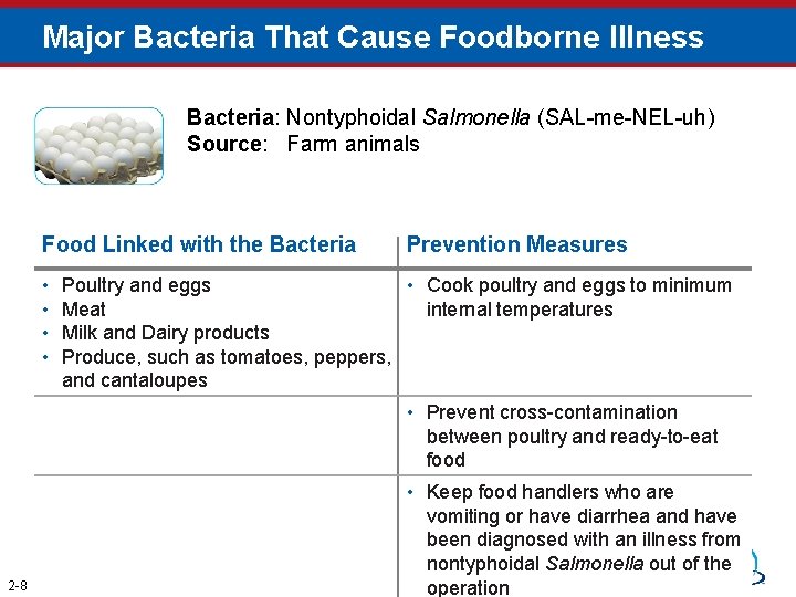 Major Bacteria That Cause Foodborne Illness Bacteria: Nontyphoidal Salmonella (SAL-me-NEL-uh) Source: Farm animals Food