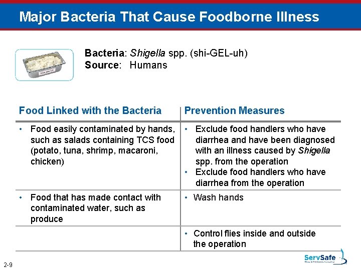 Major Bacteria That Cause Foodborne Illness Bacteria: Shigella spp. (shi-GEL-uh) Source: Humans Food Linked