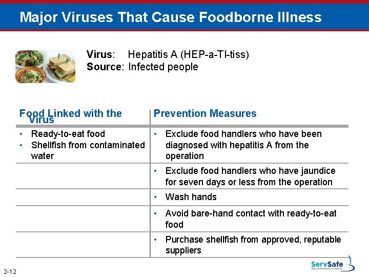 Major Viruses That Cause Foodborne Illness Virus: Hepatitis A (HEP-a-TI-tiss) Source: Infected people Food