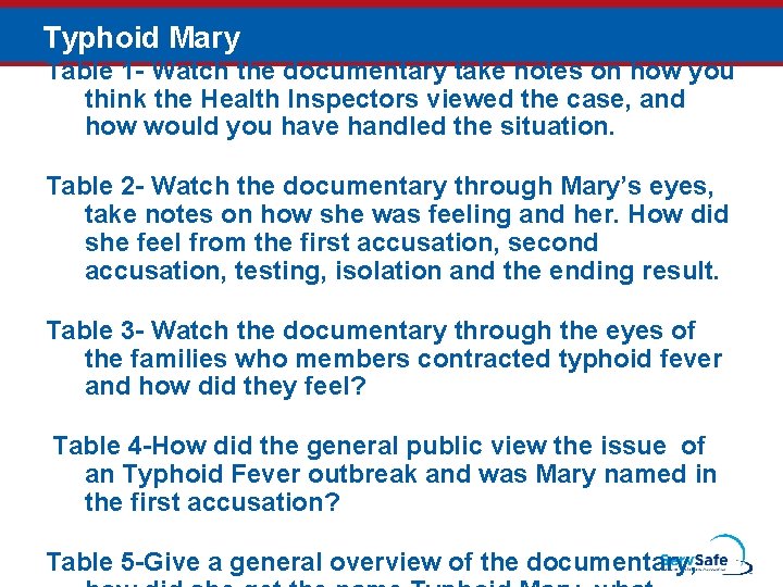 Typhoid Mary Table 1 - Watch the documentary take notes on how you think