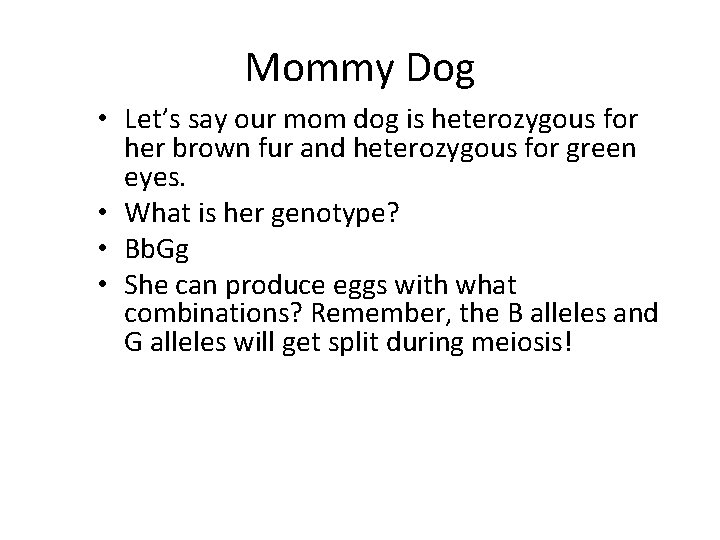 Mommy Dog • Let’s say our mom dog is heterozygous for her brown fur